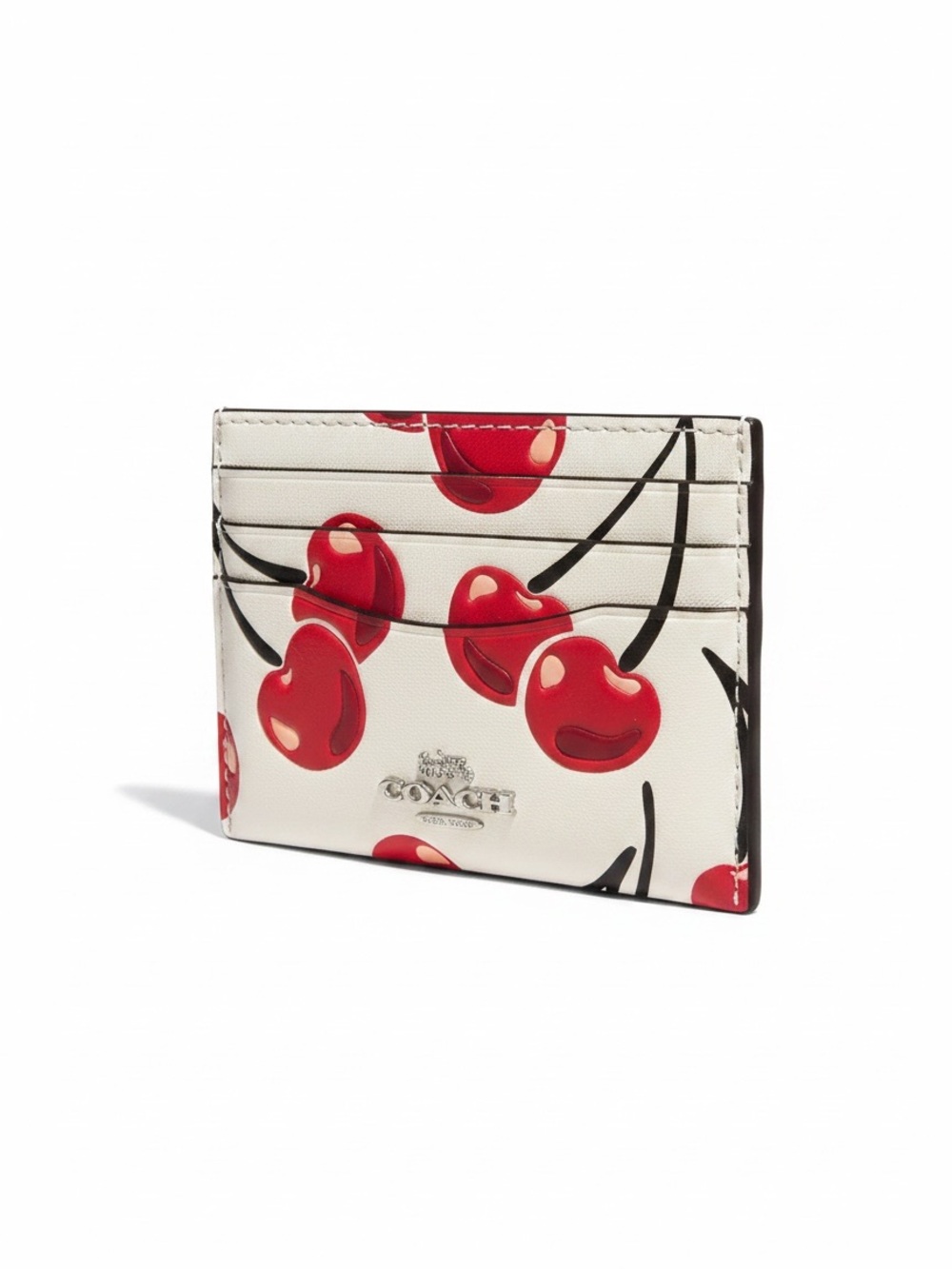 Coach Cherry Print Leather Card Case ID Holder White Red Slim Walle